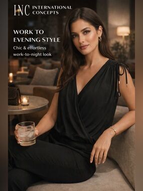 INC Black Draped Blouse Closet Clear Out Shoulder Tie Detail Flowy Work Top Lg